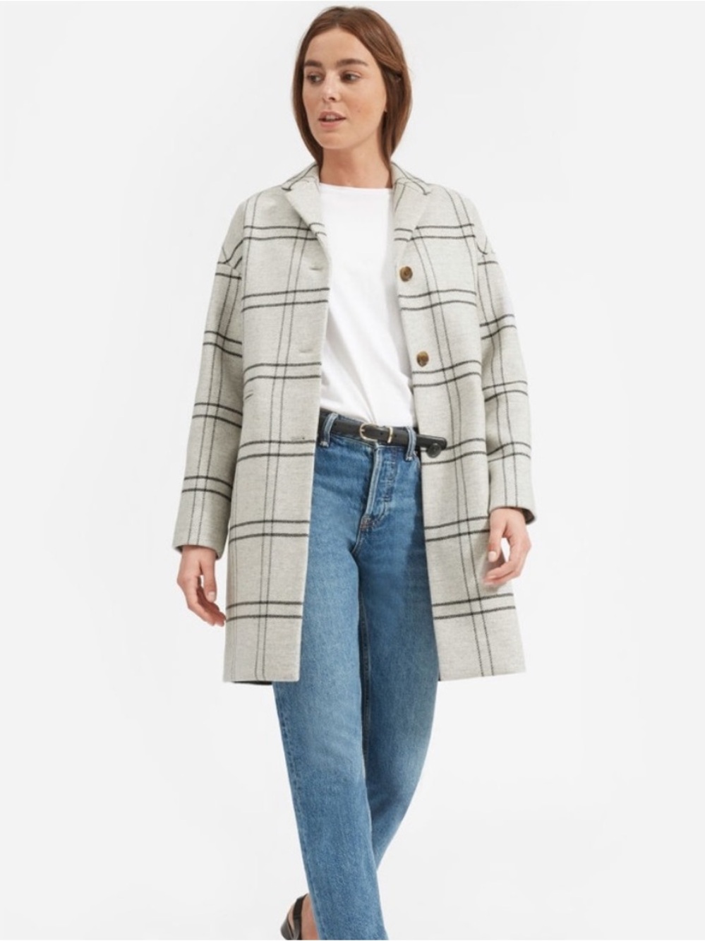 Everlane Cocoon Windowpane Plaid Wool Blend Coat in Grey Sz 4